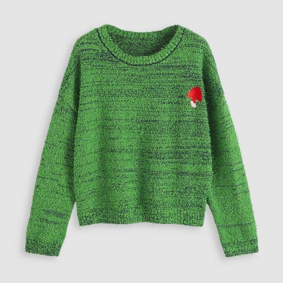 Cider Green & Navy Mushroom Embroidery Textured Gardencore Fairycore Sweater - Picture 3 of 10